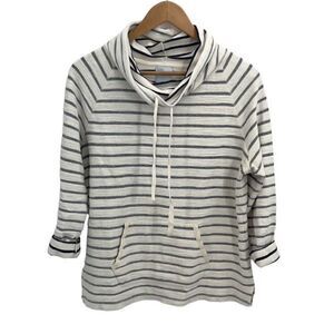 Sunday Womens Stripe Funnel Neck Raglan Textured Pullover Sweatshirt White Large